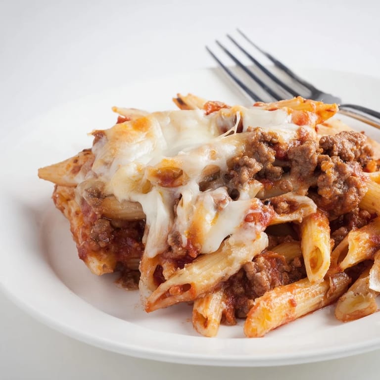 Savory Cheesy Beef & Penne Bake served warm, bursting with rich tomato and beef flavors.
