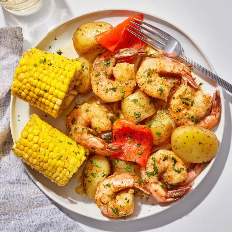 Savory Cajun shrimp alongside roasted potatoes and sweet corn on the cob.  