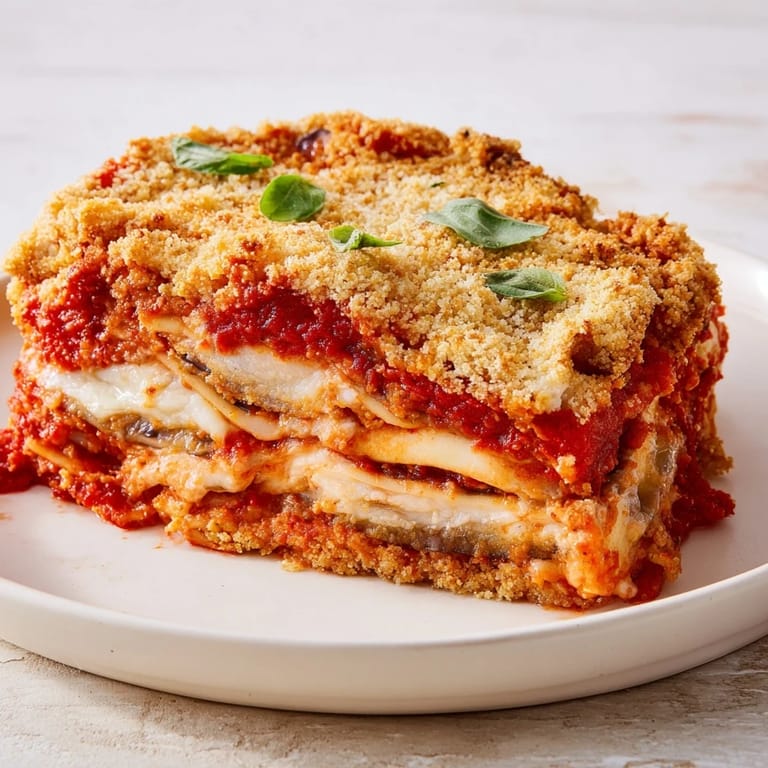 Imagine layers of tender eggplant, cheese, and sauce in this delicious Eggplant Parmesan Lasagna, perfect for a cozy dinner.