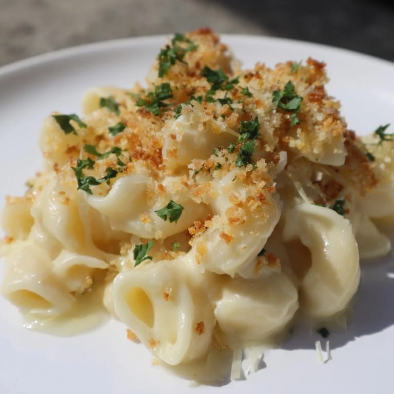 A comforting spoonful of Truffle Macaroni & Cheese, ready to be devoured with its aroma.