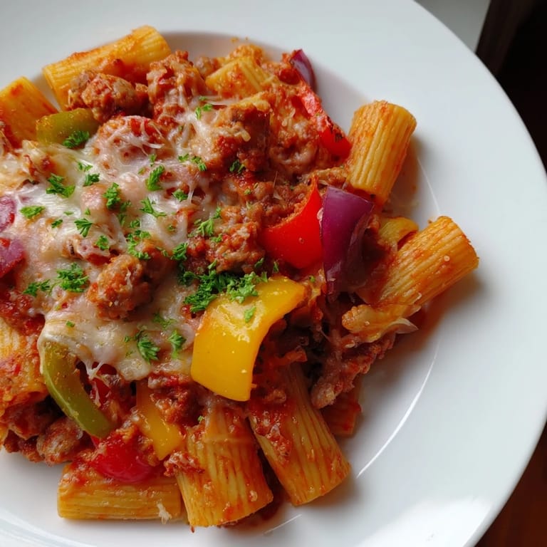 A delicious baked rigatoni with sausage & peppers, showcasing the rich tomato sauce and cheesy topping.