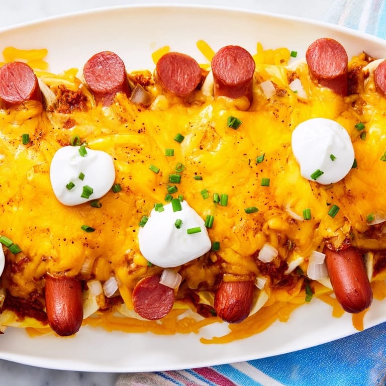 Cheesy, baked Chili Dog Casserole, with golden-brown buns and a flavorful, hearty chili topping.