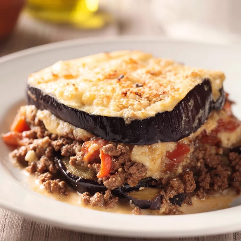 A warm, comforting dish of moussaka, showcasing tender eggplant and flavorful ground beef inside.