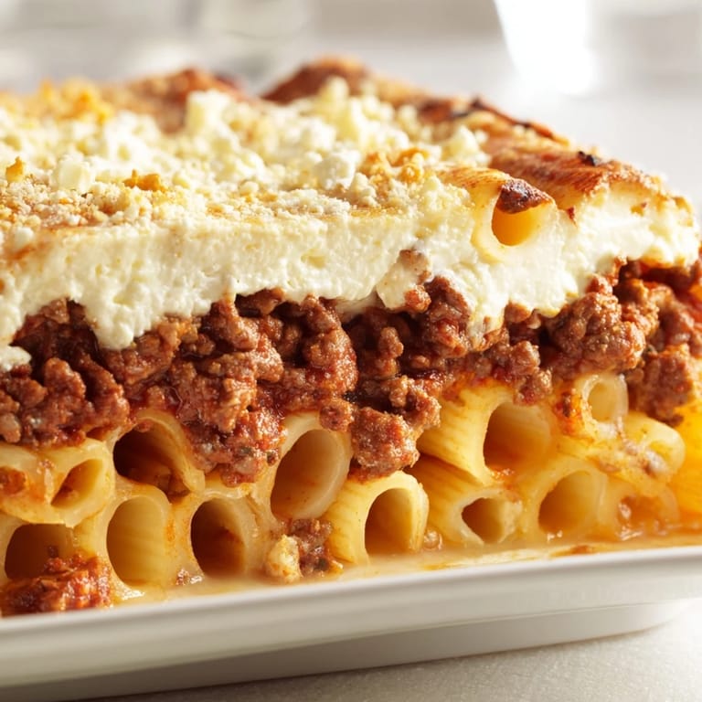 A close-up of a bubbling, freshly baked Pastitsio, with a creamy béchamel topping.