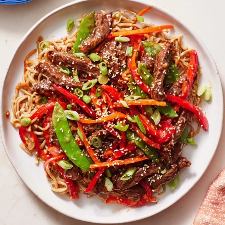 A close-up of a flavorful Teriyaki Beef & Noodle Bowl, showcasing tender beef, vibrant veggies, and coated noodles.