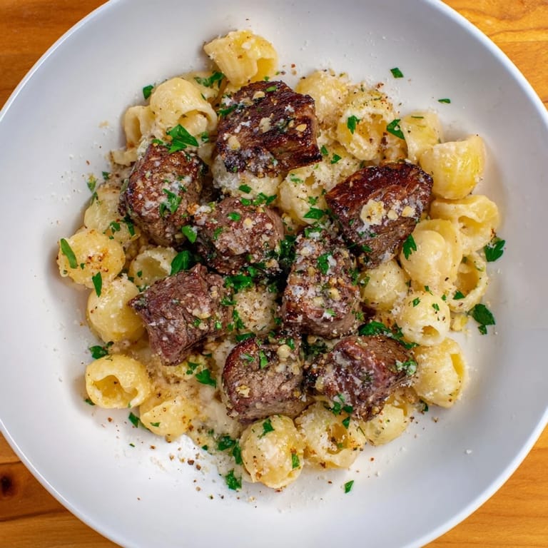 Sizzling steak bites coated in garlic butter, pictured with a generous serving of cheesy pasta shells.