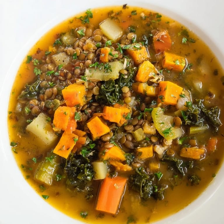 Steaming Winter Vegetable & Lentil Soup, a healthy vegan meal with savory lentils and vibrant winter veggies.