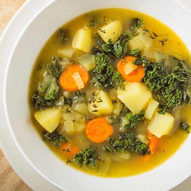 Close-up of hearty Vegetarian Potato-Kale Soup, ready to eat, with a drizzle for added flavor.