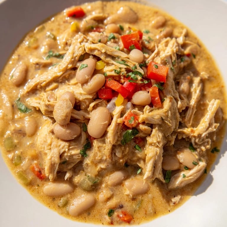 This creamy White Chicken Chili with Beans is steaming hot, loaded with beans and garnished with fresh cilantro.
