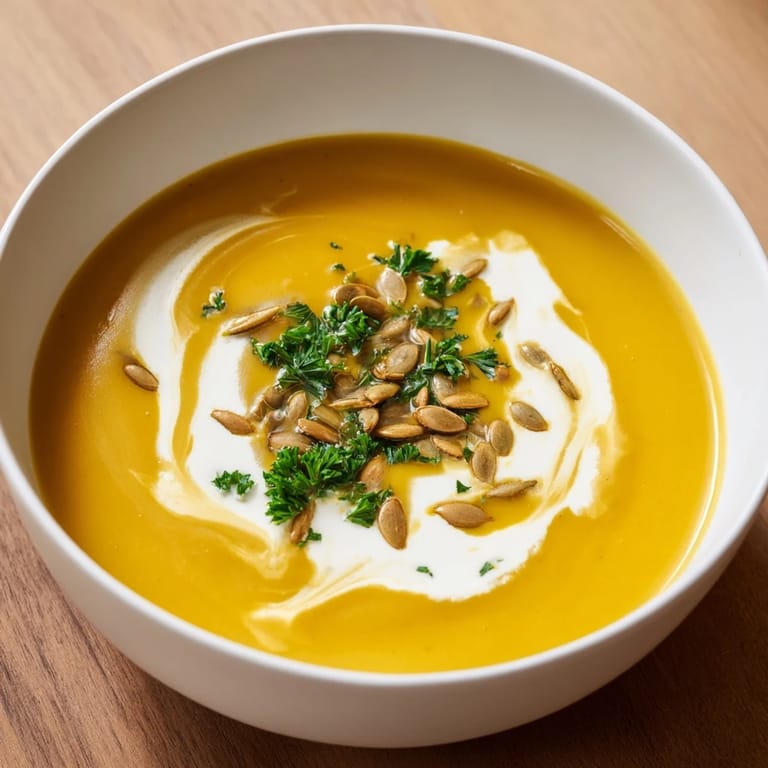 Close-up of velvety smooth Butternut Squash & Pear Soup, highlighting the vibrant orange hues.