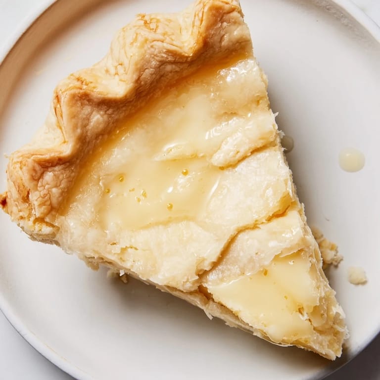 Warm, freshly baked Water Pie, served on a white plate; imagine its sweet, subtle vanilla aroma.