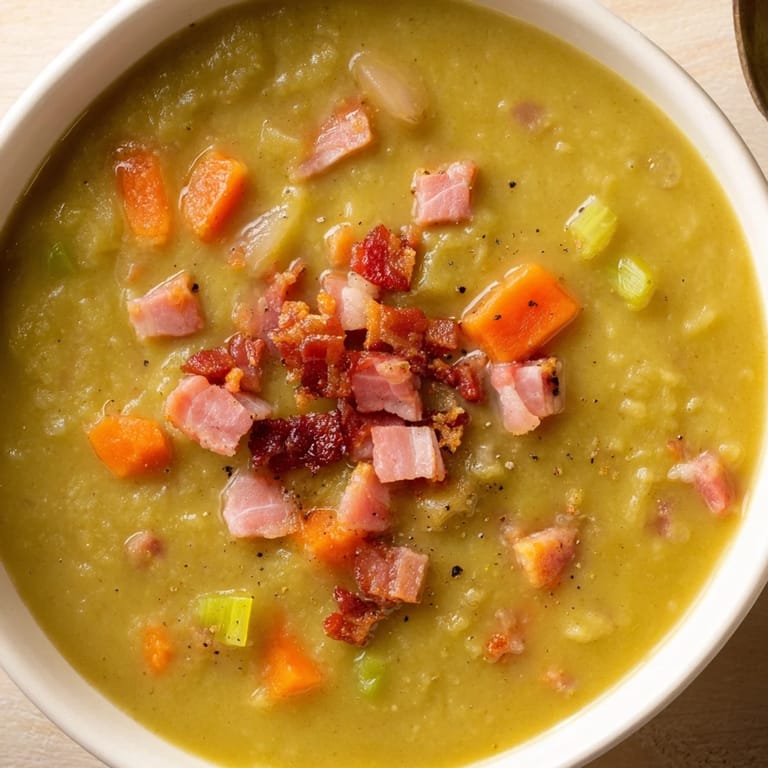 Thick and creamy Split Pea Soup with chunks of ham, sprinkled with crispy bacon bits, so inviting.
