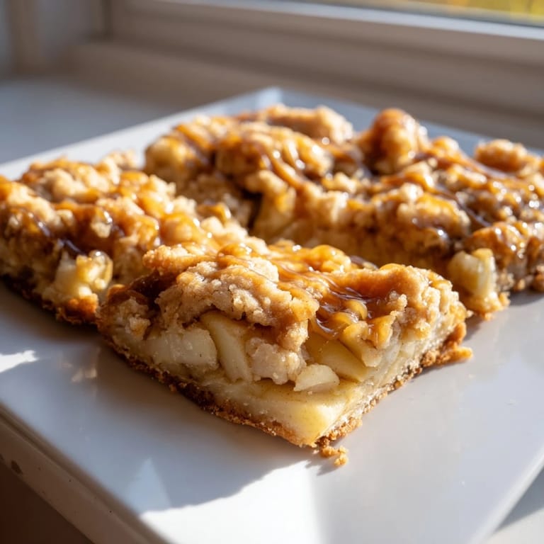 Chewy caramel apple cookie bars: layers of apple, caramel, and baked, buttery cookie base.