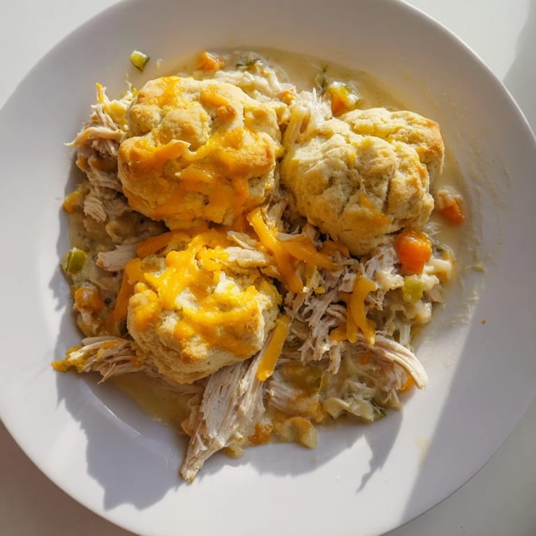 Golden, savory One-Pan Chicken Cobbler, with tender chicken and fluffy cheddar biscuits.