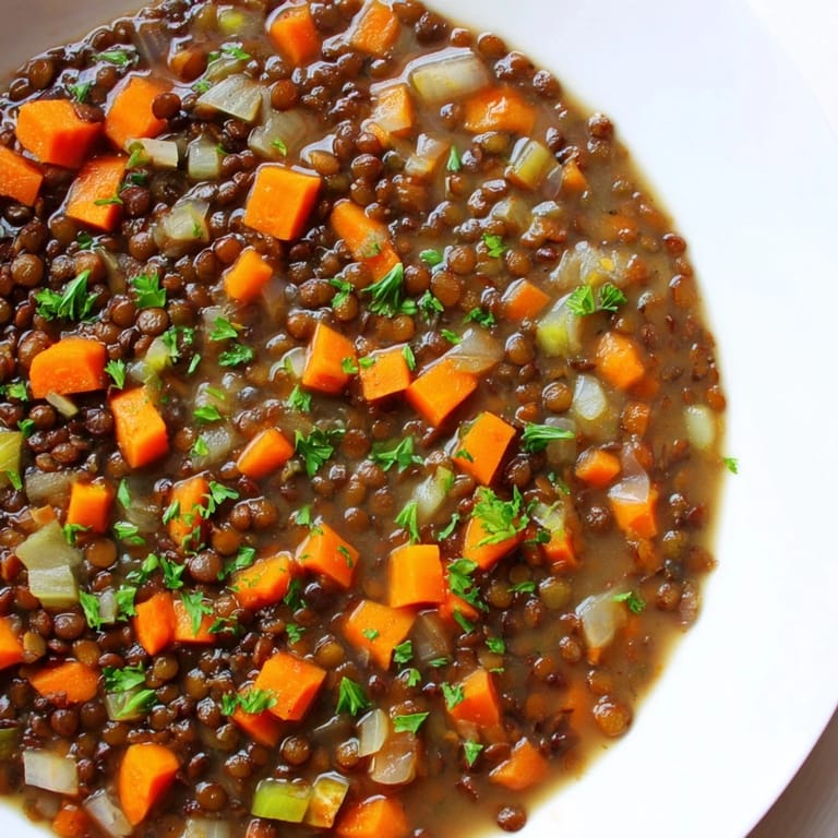 Delicious, homemade Lentil Soup showcasing vibrant carrots, celery, and a rich, spiced broth for a meal.