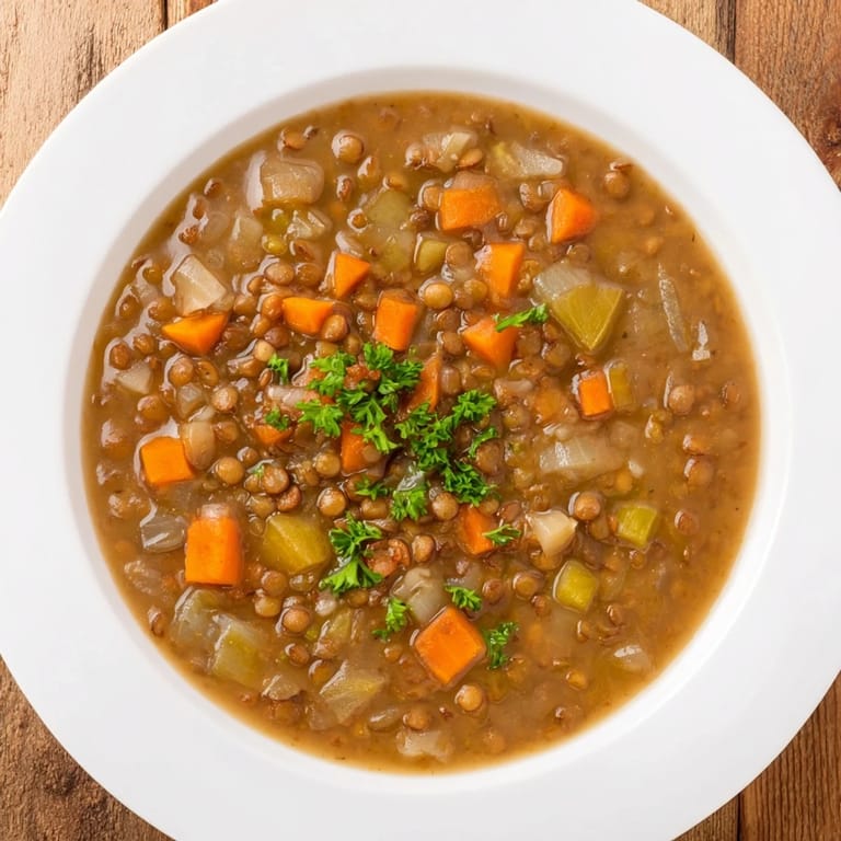 Warm, flavorful Lentil Soup, a vegetarian delight, ready to be served hot with crusty bread for dipping.