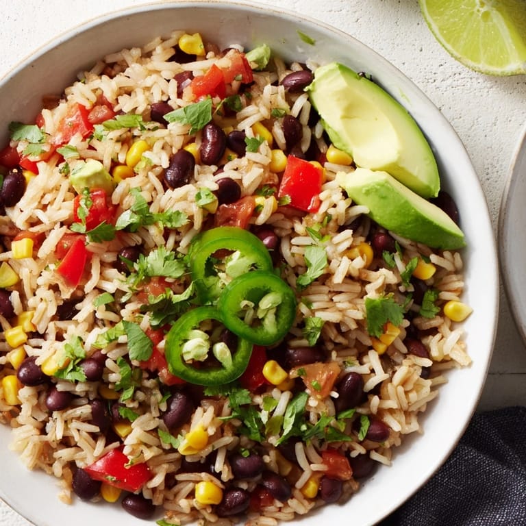 Garnished One-Pot Mexican Rice & Beans, a vibrant dish with cilantro and lime wedges, is ready to serve.