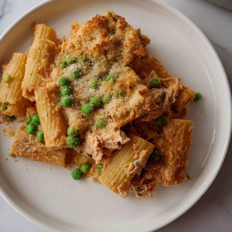 Easy-to-make, satisfying tuna pasta bake, baked to perfection with a crispy breadcrumb topping.