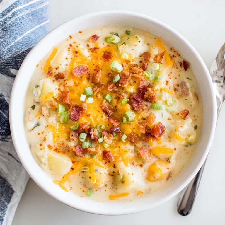 A hearty bowl of the ultimate baked potato soup, garnished with crispy bacon and a swirl of sour cream.