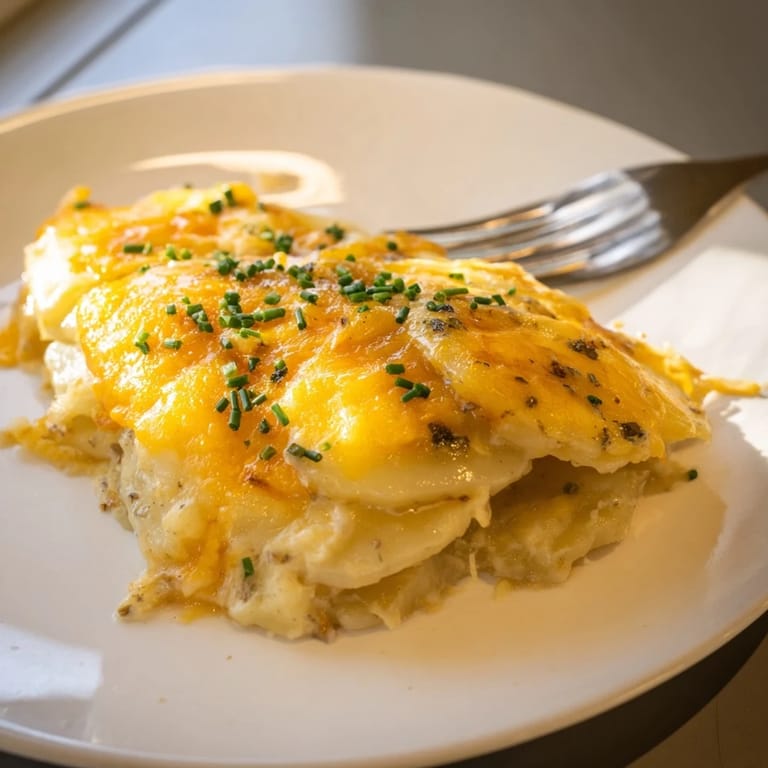 A close-up of creamy Cheesy Scalloped Potatoes with melted cheese, prepared in a baking dish.