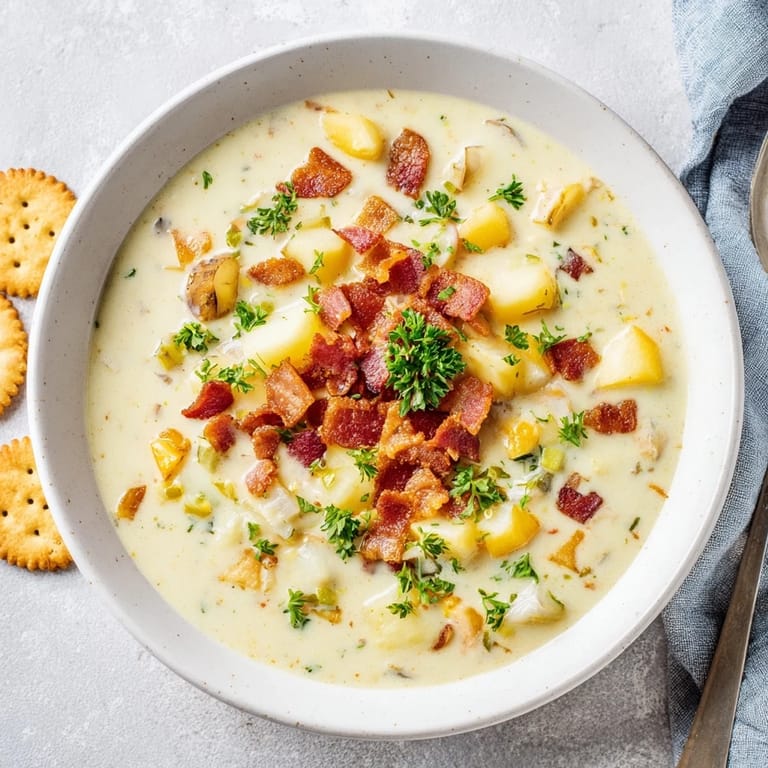 A steaming bowl of comforting New England Clam Chowder, showcasing potatoes, clams, and smoky bacon.