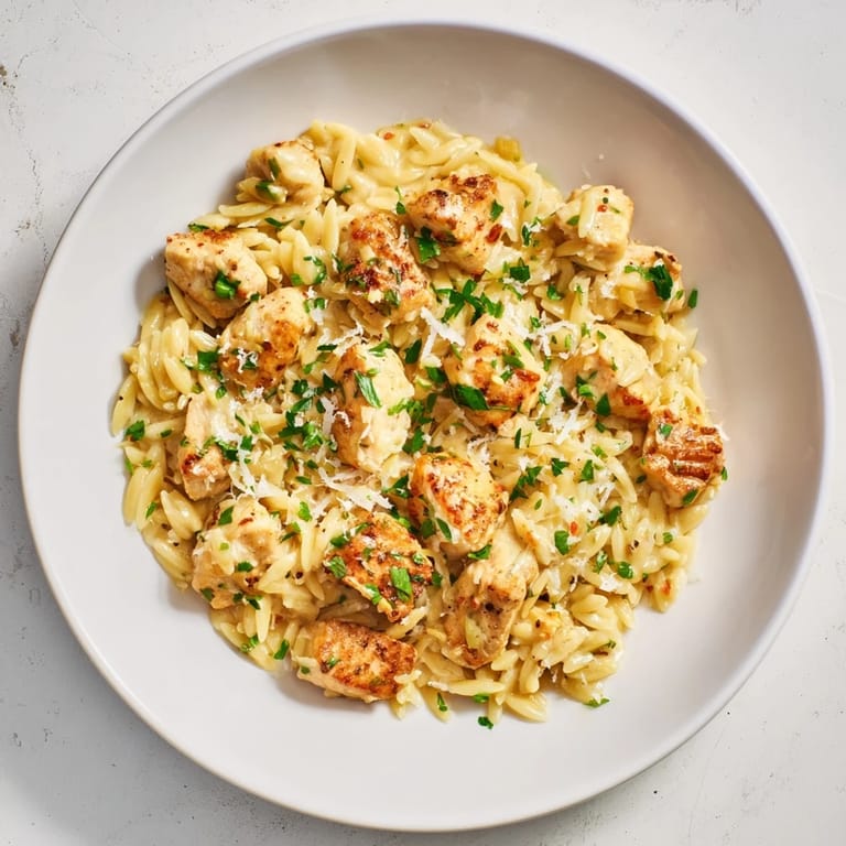 Imagine a steaming bowl of one-pot Cajun Chicken Alfredo Orzo, garnished with fresh parsley and ready to eat.