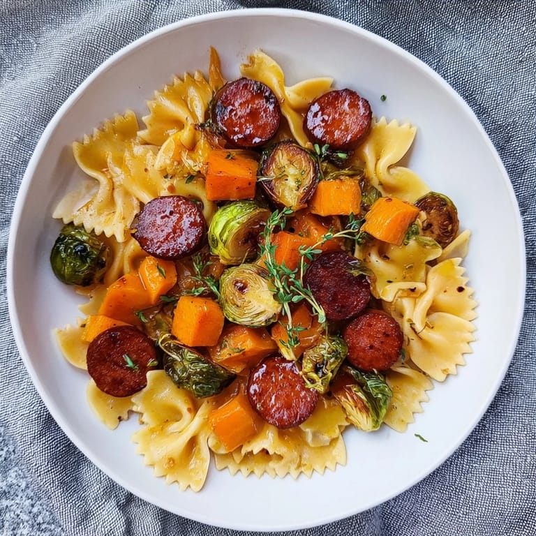 Savory Autumn Sausage Pasta with crispy Brussels sprouts and perfectly cooked farfalle.