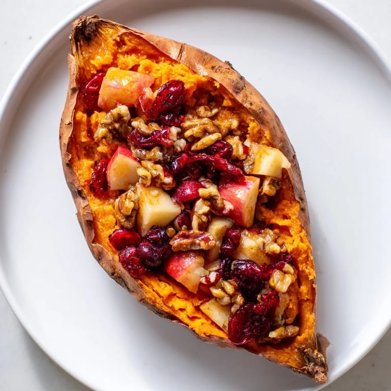 Warm, sweet Cranberry Apple Twice-Baked Sweet Potatoes; a vibrant autumnal side dish, topped with pecans.