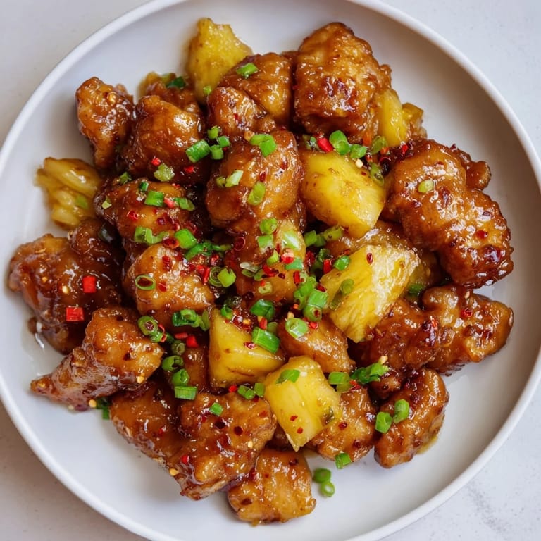 Tender chicken pieces baked in a sweet, sticky Brown Sugar Pineapple Chicken sauce with visible pineapple chunks.
