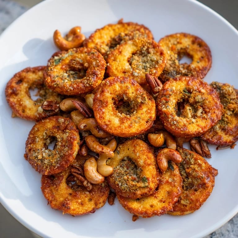 Golden-brown, crunchy air fryer bagel chip Christmas mix, a delicious snack for the holidays.