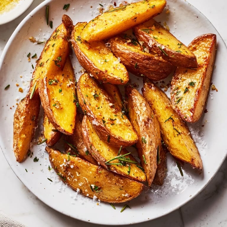 A close-up of piping hot Quick Rosemary Roast Potato Wedges, ready to be served as a side dish.
