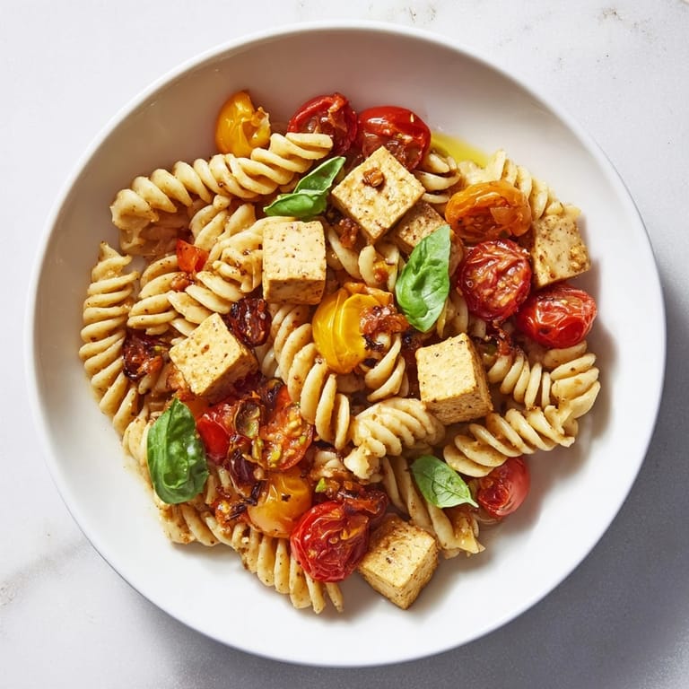 A comforting bowl of Vegan Baked Tofu Feta Pasta, with fresh basil and a drizzle of olive oil.
