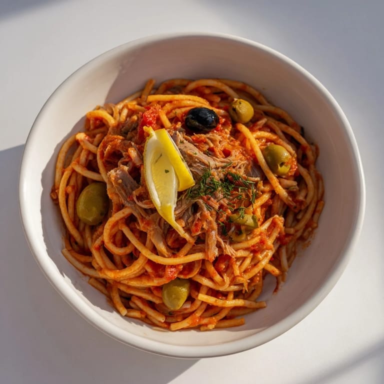 Close-up of bright red puttanesca ditalini, generously coated in olives and capers, ready to be enjoyed.