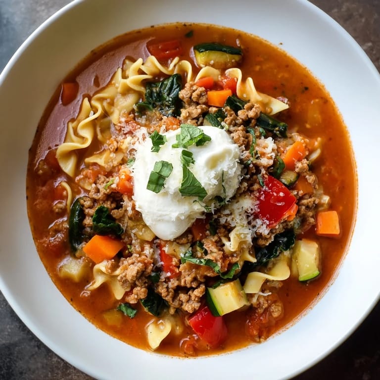 This comforting bowl of Healthy Lasagna Soup features tender pasta, fresh herbs, and a dollop of creamy ricotta.