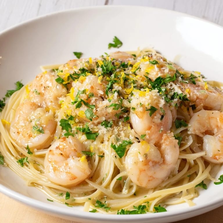 Creamy One-Skillet Lemon Garlic Shrimp Angel Hair Pasta, ready for serving with fresh parsley and parmesan.