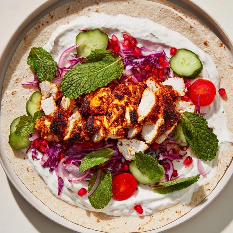 Imagine a close-up of a colorful Greek Yogurt Chicken Shawarma Christmas wrap, ready to enjoy with a tangy sauce.