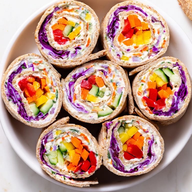 A platter of freshly sliced Rainbow Veggie Christmas Lights Wrap Pinwheels, ready for a festive gathering.