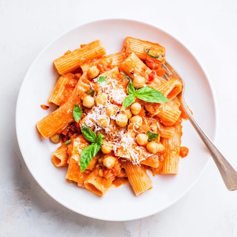 Golden, crispy chickpeas crown flavorful Spicy Arrabbiata Roasted Chickpea Crunch Pasta, a delicious vegetarian meal.