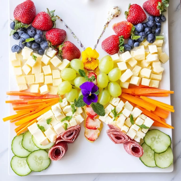 A stunning Butterfly Summer Board, featuring vibrant butterfly-shaped pineapple and fresh edible flowers.
