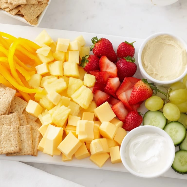 A close-up of a refreshing Sunshine Snack Tray, showing an array of fresh, tasty, healthy bites.