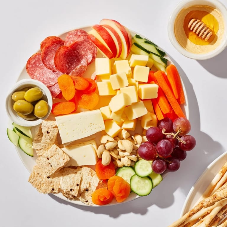 Carefully arranged picnic basket snack board offers a variety of flavors like brie, salami, and olives.