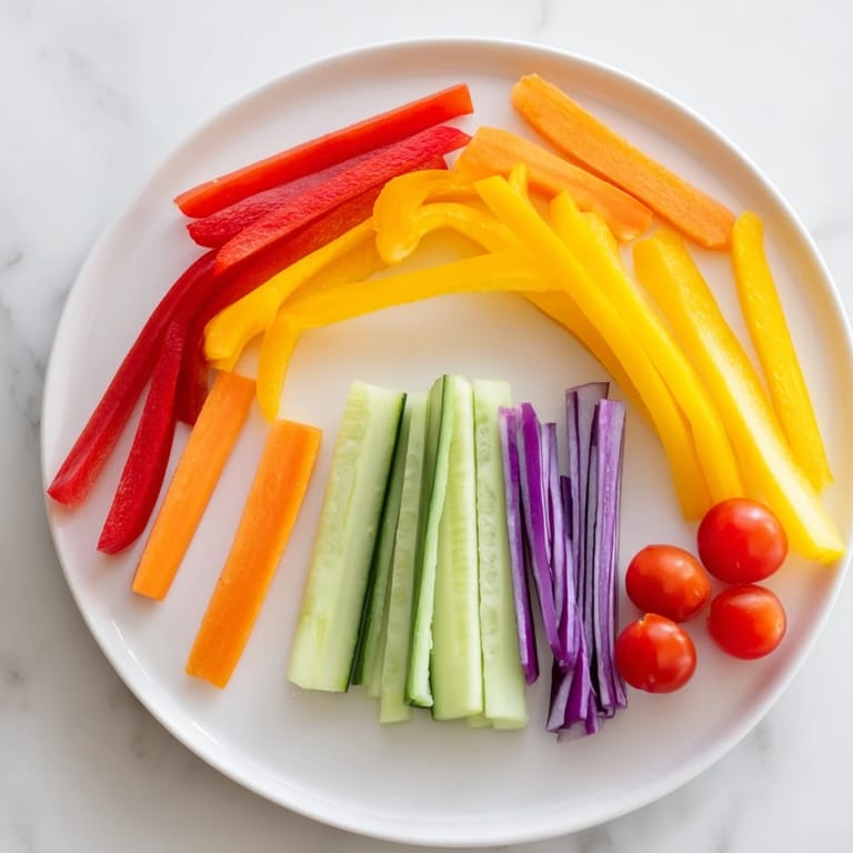 Vibrant Rainbow Arch Bright Veggie Sticks on a platter, a healthy appetizer bursting with fresh flavors.