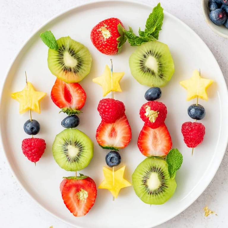 Festive Champagne Flute Fruit Garnishes: Imagine skewered kiwi, berries, and pineapple, perfect for a celebration.
