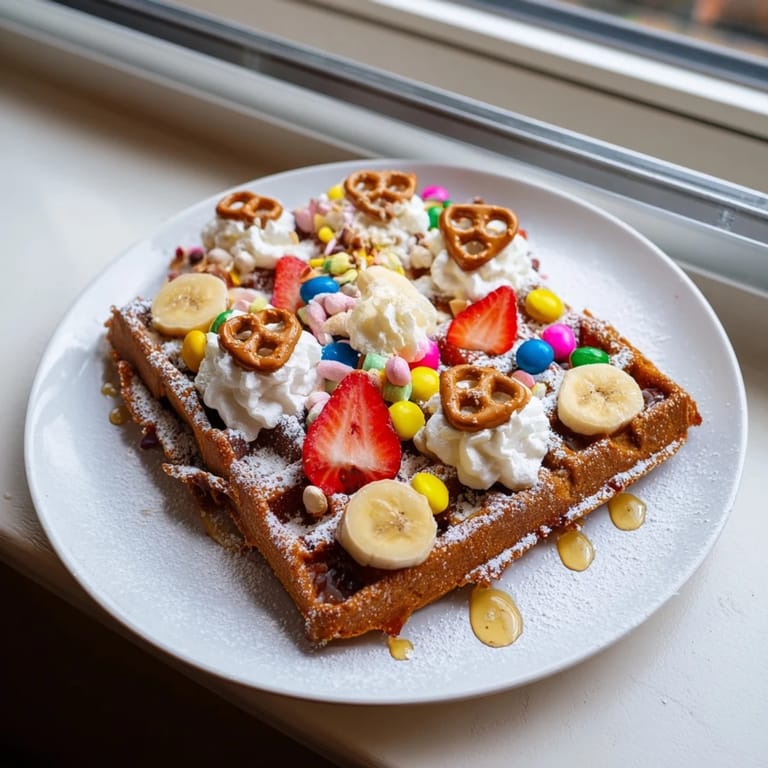 A close-up of a festive Gingerbread House Waffle Bar with whipped cream, candies, and fruit ready.