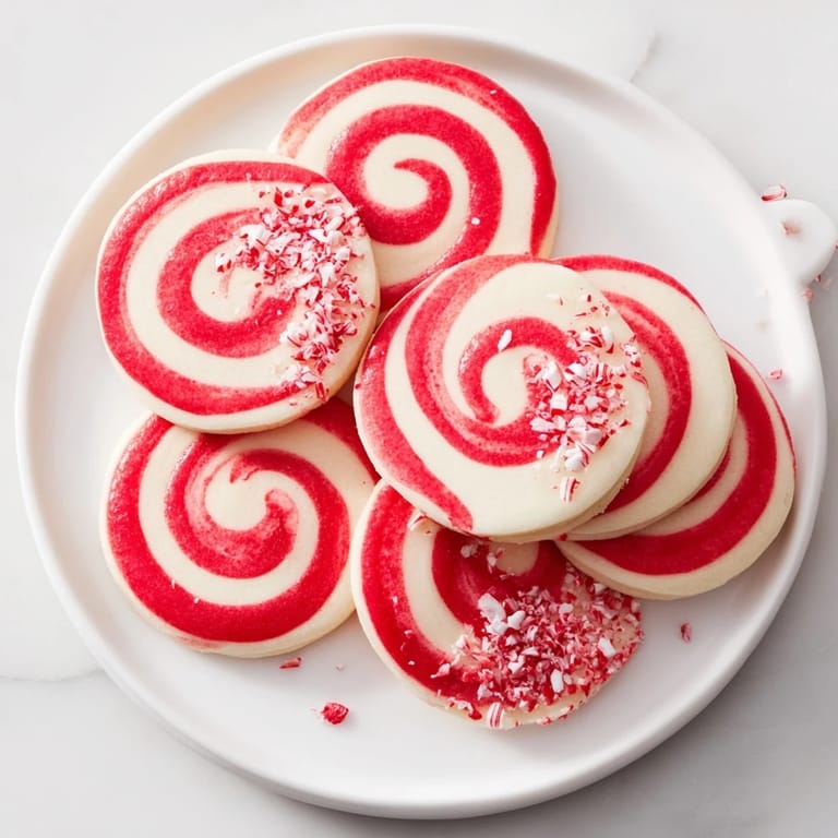 Freshly baked Candy Cane Swirl Cookies, showing swirl effects and peppermint candies sprinkled on top.