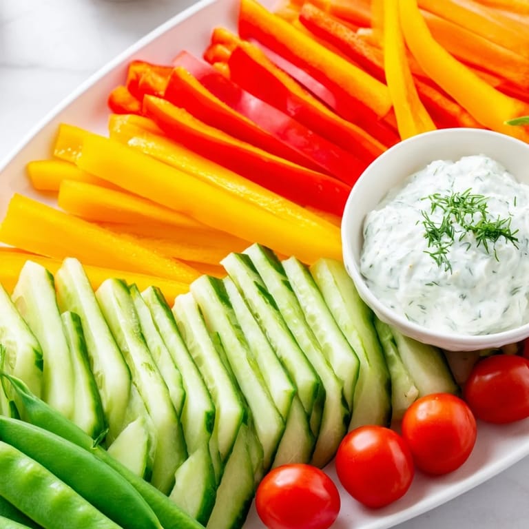 Freshly prepared Veggie Platter: crisp vegetables elegantly arranged, ready for dipping and healthy eating.