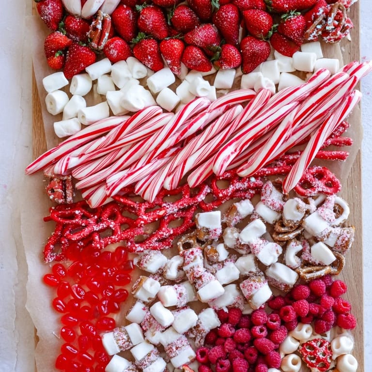 A beautifully arranged Sweet Board, featuring festive red and white candies perfect for sharing with friends.