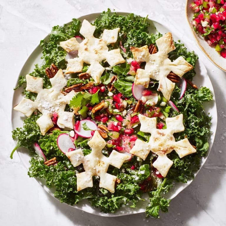 Pile your plate high with this Winter Salad: festive chips, crunchy greens, ripe tomatoes, and citrus dressing.