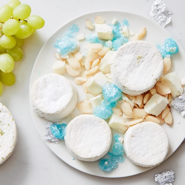 Elegant Winter Wonderland Platter: A snowy arrangement perfect for a holiday appetizer, featuring cheeses and crackers.