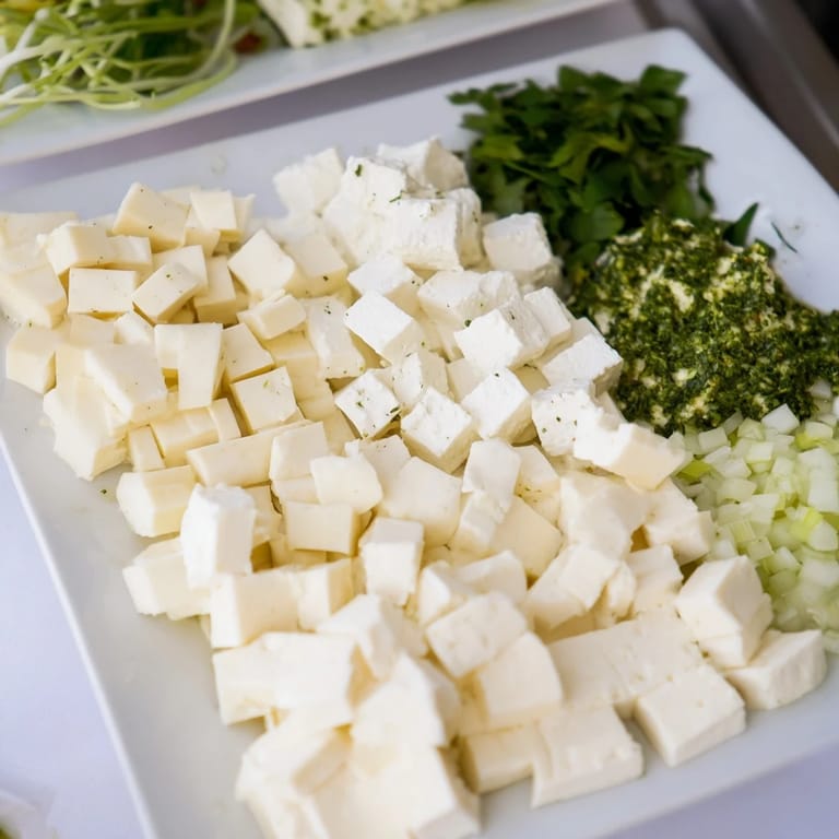 This Checkerboard Garden appetizer showcases contrasting squares: creamy cheese next to bright green herb paste.